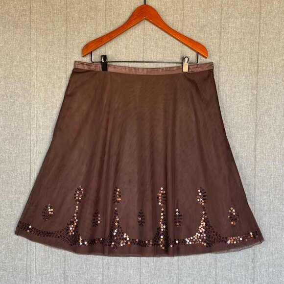 Vintage Y2K Old Navy Brown Net Overlay Sequin Low Rise A Line Midi Skirt Size 16 - Picture 1 of 12